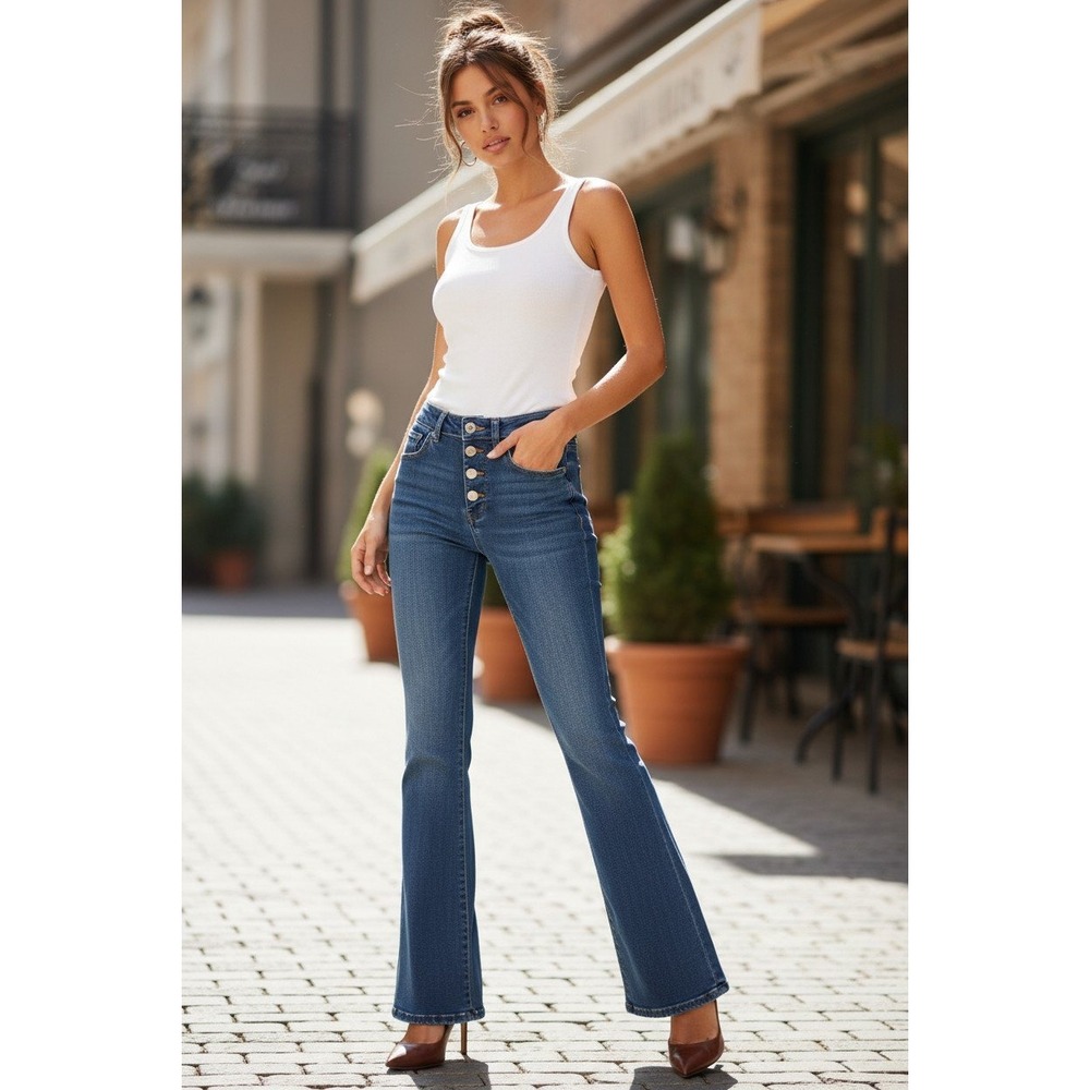 PISTOLA-Revolve Dana High Rise Flare Jeans Blue Button Fly 26x32 Tall $198